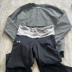 Under Armour Black Leggings with Gray Waistband and gray champion sweatshirt